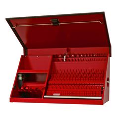 a red tool box with tools in it