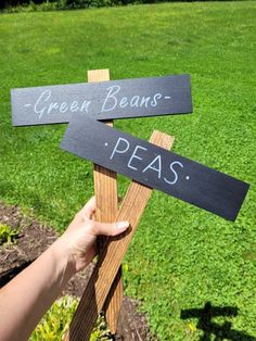 a person holding up a sign that says green beans and pea's on it