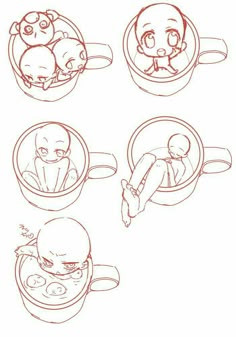 four different drawings of people in cups with food on the bottom and one holding a baby