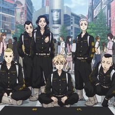 anime characters sitting on the ground in front of a group of people wearing police uniforms