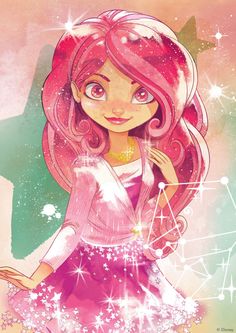 a drawing of a girl with pink hair and stars on her head, standing in front of