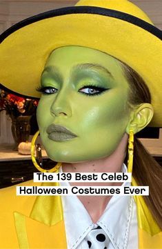 a woman wearing a yellow hat and green make - up with the words the 19 best celeb halloween costumes ever