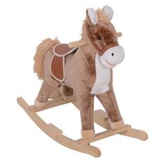 a brown rocking horse with saddle on it's back