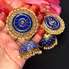 Brand New Gorgeous Oversized High Quality Indian Earrings. Gorgeous Golden Stones & Royal Blue Beaded Work Round Shaped On Top & Jhumka On Bottom Perfect For Any Occasions. Diwali Zari Work Jhumkas, Bohemian Blue Danglers, Mirror Work Chandbali Jhumkas, Chandbali Mirror Work Jhumkas, Chandbali Jhumkas With Mirror Work, Traditional Jhumkas With Mirror Work, Gold Jhumkas With Mirror Work, Blue Earrings For Diwali, Blue Tilla Jhumkas For Festivals