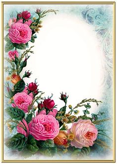 the frame is decorated with pink roses and greenery, along with an empty space for text