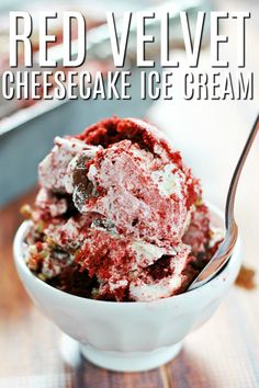 a bowl filled with red velvet cheesecake ice cream