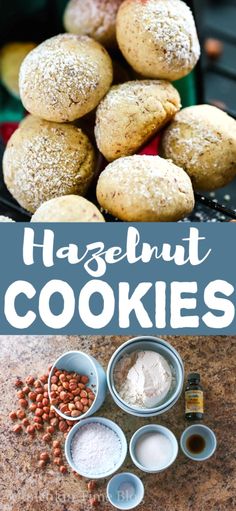 some cookies and other food items on a table with the words hagelnut cookies