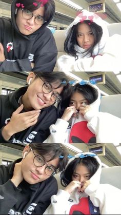 three pictures of two people wearing hoodies and glasses