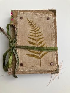 a book with a green ribbon tied to it's front cover and an image of a fern on the side