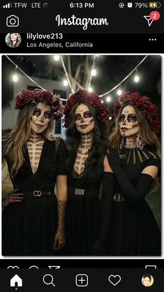 two women dressed up in skeleton makeup and flowers on their heads, with the caption instagram