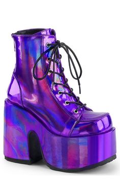 The Camel series is the ultimate chunky platform boot. Whether you're looking to make a statement, or just a new staple, your wardrobe will love these babies! Vegan Purple Holographic 5 inch heel 3 inch platform Lace up Rear zipper US women's sizing: refer to size chart for more info. Hologram Shoes, Womens Fall Boots, Demonia Boots, Alternative Shoes, Goth Shoes, Purple Boots, Demonia Shoes, Platform Boots Chunky, Gothic Shoes