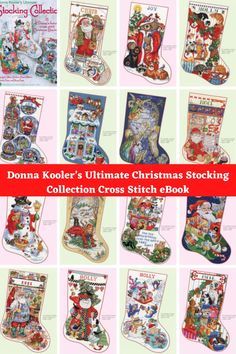 christmas stockings with santa clauss on them and other pictures in red, green, white and