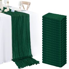 two tables with green and white linens on them