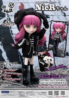 a doll with pink hair wearing a black outfit and boots, standing in front of a graffiti wall