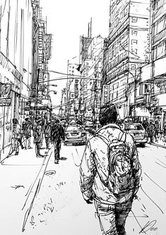 a black and white drawing of people walking down the street in front of tall buildings