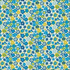 a blue and green flowered pattern on a white background with yellow, blue, and green flowers