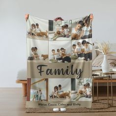 a family photo collage on a blanket with the words'family'in black