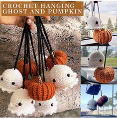 crochet hanging ghost and pumpkins are featured in this collage for halloween