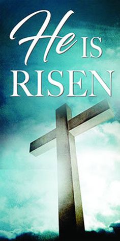 the cover of he is risen, with a cross in front of clouds and blue sky