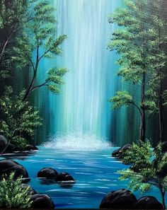 a painting of a waterfall in the woods