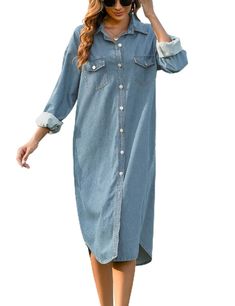 PRICES MAY VARY. 【Material】: Long denim shirt dress is made of 95% Cotton and 5% Polyester,breathable and soft denim material. 【Features】: Denim dress for women long sleeve/button down denim dress/Denim button down shirt dress/Loose fit and lapel collared/Over the knee length/Casual midi jean dress/For spring summer fall and winter. 【Match】: Midi jean shirt dress is perfect to match with leggings,sneakers,high heels or casual boots. 【Occasions】: Outdoor/Work/School/Daily wear/Home/Lounge out/Str Long Denim Shirt Dress, Long Denim Shirt, Button Down Denim Dress, Jean Shirt Dress, Shirt Dress Long, Midi Jeans, Jean Shirt, Button Down Shirt Dress, Dress Denim