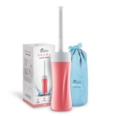 a pink and white toothbrush sitting next to a blue bag on a white background