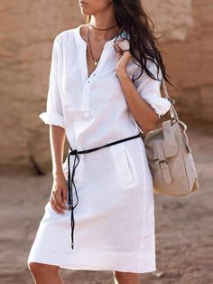 Summer Prom Dress, Solid Dress Casual, Basic Skirt, Shift Dresses, Half Sleeve Dresses, White Shirt Dress, Hippie Outfits, Mini Shirt Dress, Dress Plus Size