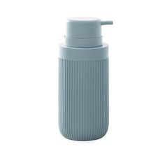 thermos flask bottle in light blue is shown on a white background and has a plastic lid