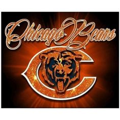 the chicago bears logo is shown in gold glitter on an orange and black background,