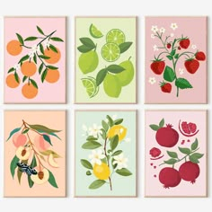 four square prints with fruit and flowers on them in pink, green, blue, yellow