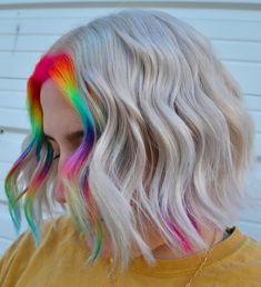 Bob Money Piece, Rainbow Money Piece Hair, Colorful Money Piece Hair, Rainbow Money Piece, Money Piece Hair Ideas, Neon Hair Color, Money Piece Hair, Tips For Summer, Red Blonde Hair