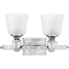 two light bathroom fixture in chrome finish with frosted glass shades on the sides and white linen shades on the top