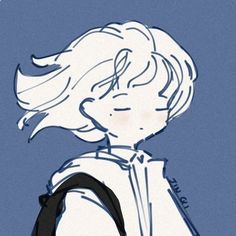 a drawing of a girl with her hair blowing in the wind, wearing a backpack