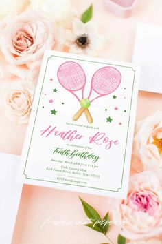 two tennis rackets are on the front of this birthday party card with flowers in the background