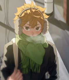 an anime character with brown hair wearing a green scarf