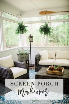 a sun room with wicker furniture and potted plants