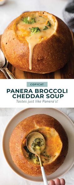 the broccoli cheddar soup is being served in a bread bowl with a spoon