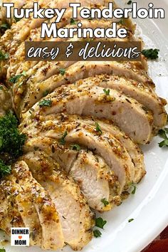 Slices of marinated turkey tenderloin on a platter. Turkey Tenderloin Marinade Recipes, Turkey Tenderloin Marinade, Turkey Tenderloin Recipes Baked, Tenderloin Recipes Oven, Turkey Marinade, Turkey Cutlet Recipes, Tenderloin Marinade, Turkey Tenderloin Recipes