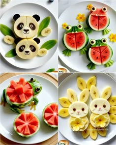 four pictures of different fruits and vegetables made to look like animals