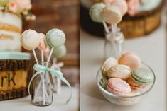 there are many small candies in the glass vases on the table and one is decorated with flowers