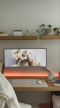 a desk with a keyboard, mouse and monitor on it in front of a plant