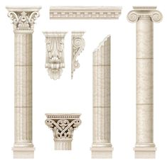 an assortment of white marble columns and pillars