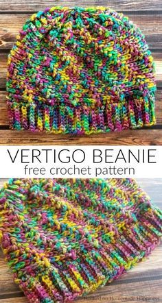 two pictures showing the same pattern for a knitted beanie with text overlay that says,'vertigo beanie free crochet pattern '