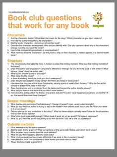 the book club questions that work for any book is shown in an orange and black font