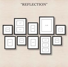 a group of black and white frames with the words reflection on them in different sizes