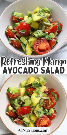 two bowls filled with avocado salad on top of a white tablecloth and the words refreshing mango avocado salad