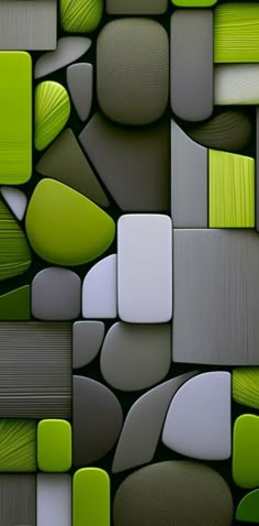 an abstract painting with green and grey shapes on it's surface, including squares