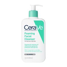 CeraVe Foaming Facial Cleanser was developed with dermatologists to deeply cleanse, remove excess oil and refresh the skin without over-stripping it or leaving it feeling tight and dry. Featuring three essential ceramides, hyaluronic acid and niacinamide, this gel-based foaming cleanser is an effective yet non-irritating way to cleanse and care for your normal to oily skin. Suitable for normal to oily skin Refreshing gel foaming action Cleanses and removes oil without disrupting the protective skin barrier Ceramides: Help restore and maintain the skin’s natural barrier Hyaluronic acid: Helps retain the skin’s natural moisture Niacinamide: Helps calm the skin Non-comedogenic, non-irritating and fragrance-free Developed with dermatologist 12 oz / 355 ml Cerave Cleanser, Cerave Skincare, Cleanser For Oily Skin, Foaming Facial Cleanser, Foaming Face Wash, Facial Cleansers, Skin Cleanse, Gel Cleanser, Skin Cleanser Products