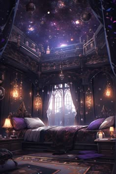 a bed room with a large window and lots of lights on the ceiling above it