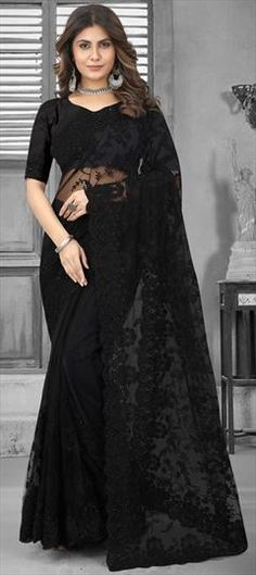 Black and Grey color Saree in Net fabric with Embroidered, Moti, Resham, Stone, Thread work Black Semi-stitched Embroidered Fabric With Pallu, Semi-stitched Black Saree With Pallu Detail, Black Semi-stitched Saree With Pallu Detail, Semi-stitched Black Saree With Pallu, Black Semi-stitched Saree With Pallu, Black Embroidered Fabric With Traditional Drape Dupatta, Black Embroidered Anarkali Saree, Black Anarkali Semi-stitched Saree, Black Embroidered Saree Fabric With Pallu